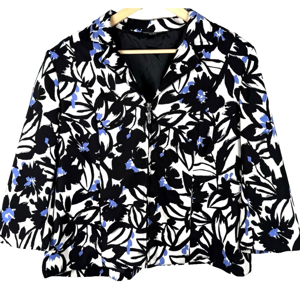 Molly & Maxx Petite Womens Blazer Large Black White Blue Floral Artsy Statement